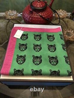100% Authentic GUCCI Green & Pink Mystic Cat Wool Baby Blanket Throw $500+Tax