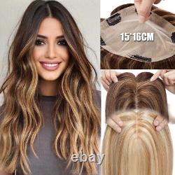 100% Remy Human Hair Women Topper Top Hairpiece Clip In Silk Base Toupee Wig Icy