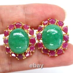 13 X 16 MM. Green Unheated Emerald & Pink Heated Ruby Earrings 925 Silver