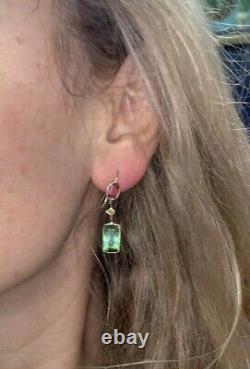 14K Gold Vivid Pink Green Tourmaline Juxtaposed Canary Yellow Diamond Earrings