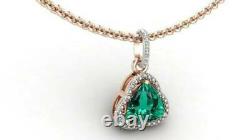 14K Rose Gold Finish 4Ct Trillion Cut Emerald Halo Diamond Pendant Necklace