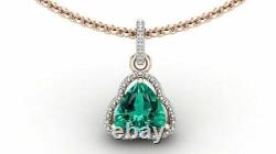14K Rose Gold Finish 4Ct Trillion Cut Emerald Halo Diamond Pendant Necklace