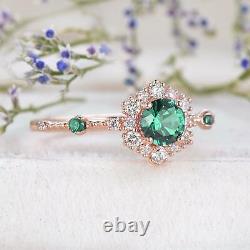 14k Rose Gold Emerald Art Deco Engagement Ring Halo Diamond Milgrain