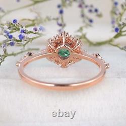 14k Rose Gold Emerald Art Deco Engagement Ring Halo Diamond Milgrain
