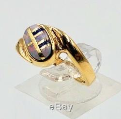 14k Yellow Gold Ring with Oval Blue Green Opal & Pink Lapis Offset Inlay, Size 5.5