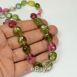 18K Solid Gold Afghani Apple Green Pink Tourmaline Tumbled Bead 23 inch Necklace
