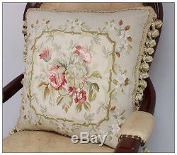 18 SILK Woven Aubusson Rose Pillow Cottage French Decor Pastel Green Pink Ivory