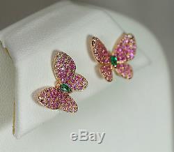 18k ROSE GOLD DIAMOND GREEN EMERALD RUBY PINK SAPPHIRE POST BUTTERFLY EARRINGS