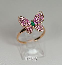 18k ROSE GOLD DIAMOND GREEN EMERALD RUBY PINK SAPPHIRE STATEMENT BUTTERFLY RING