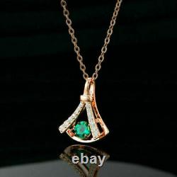1Ct Round Cut Green Emerald Pendant 18 Free Chain Solid 14K Rose Gold Over