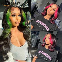 2022 Pink Highlight Wig Human Hair Lace Front Human Hair Wig Green Gradient