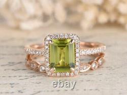 2CT Emerald Cut Peridot Vintage Bridal Set Engagement Ring 14k Rose Gold Finish