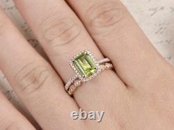 2CT Emerald Cut Peridot Vintage Bridal Set Engagement Ring 14k Rose Gold Finish