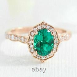2Ct Oval Cut Green Emerald Halo Women' Lab Created Ring 14K Rose Gold Finish
