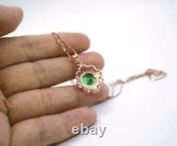 2Ct Round Cut Green Emerald Halo Flower Pendant 14K Rose Gold Finish Free Chain