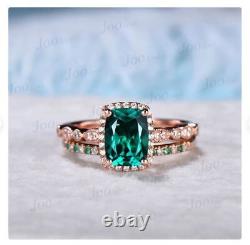2pcs Green Emerald Ring Set Halo Engagement Ring Moissanite Ring Christmas Gift