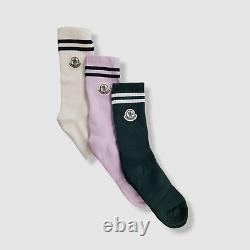 $395 Moncler Men White Green Pink 3-Pair Logo Ribbed Crew Socks Size M