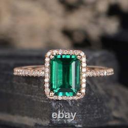 3Ct Emerald Cut Green Emerald Halo Women's Engagement Ring 14K Rose Gold Finish