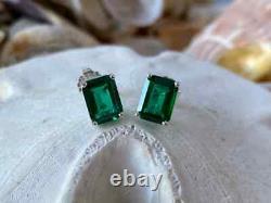 3Ct Emerald Cut Green Emerald Solitaire Stud Earrings in 14k White Gold Finish