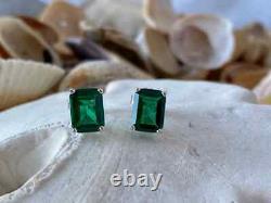 3Ct Emerald Cut Green Emerald Solitaire Stud Earrings in 14k White Gold Finish
