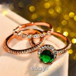 3Ct Round Cut Green Emerald Bridal Wedding Engagement Ring Set 14K Rose Gold FN