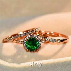 3Ct Round Cut Green Emerald Bridal Wedding Engagement Ring Set 14K Rose Gold FN