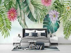 3D Pink Floral Green Leaves Plant Self-adhesive Removable Wallpaper Murals Wall