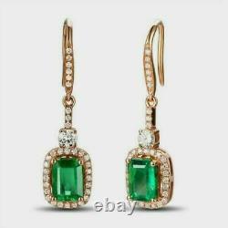 3.50Ct Emerald Cut Green Emerald Halo Drop Dangle Earrings 14K Rose Gold Finish