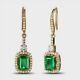 3.50ct Emerald Cut Green Emerald Halo Drop Dangle Earrings 14k Rose Gold Finish