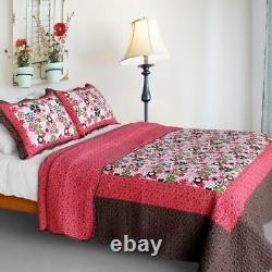 3 PC Candy Floral pink green floral 100% Cotton Vermicelli Queen Quilt Shams