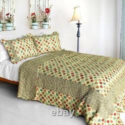 3 PC Colorful Dots leaves blue tan pink green red 100% Cotton Queen Quilt Shams