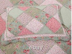 3pc. Pink & Green Floral Patchwork 100% Cotton Queen Bedspread Quilt Set