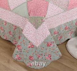 3pc. Pink & Green Floral Patchwork 100% Cotton Queen Bedspread Quilt Set