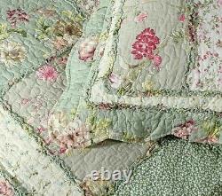 3pc. Pink & Green Floral Patchwork 100% Cotton Queen Quilted Bedspread Set