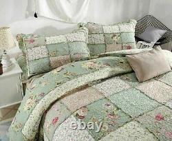 3pc. Pink & Green Floral Patchwork 100% Cotton Queen Quilted Bedspread Set