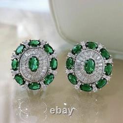 4Ct Oval Cut Green Emerald Cluster Stud Omega Back Earrings 14K White Gold Over