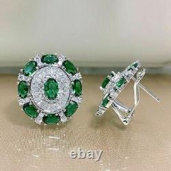 4Ct Oval Cut Green Emerald Cluster Stud Omega Back Earrings 14K White Gold Over