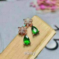 4Ct Pear Cut Green Emerald & Diamond Drop & Dangle Earrings 14K Rose Gold Finish