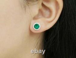 4Ct Round Cut Green Emerald Halo Push Back Stud Earrings 14K White Gold Finish