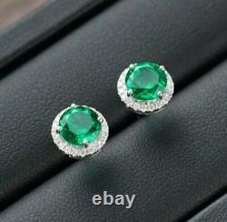 4Ct Round Cut Green Emerald Halo Push Back Stud Earrings 14K White Gold Finish