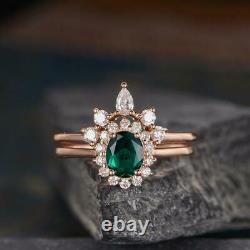 4.10Ct Oval Green Emerald Flower Bridal Set Engagement Ring 14K Rose Gold Finish
