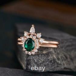 4.10Ct Oval Green Emerald Flower Bridal Set Engagement Ring 14K Rose Gold Finish