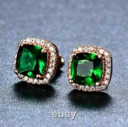 4 Ct Cushion Cut Green Emerald Push Back Halo Stud Earrings 14K Rose Gold Finish