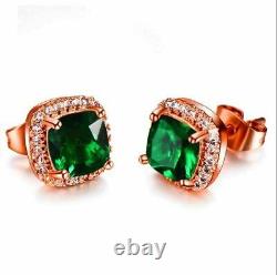 4 Ct Cushion Cut Green Emerald Push Back Halo Stud Earrings 14K Rose Gold Finish