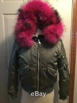 $595 Sam. New York Jenny Green Pink Fur Trim Hood Bomber Jacket Coat S Sm Preown