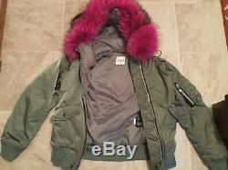 $595 Sam. New York Jenny Green Pink Fur Trim Hood Bomber Jacket Coat S Sm Preown
