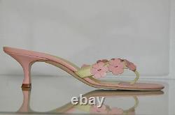 $845 New Manolo Blahnik Thong FLOWERS Pink Green Kitten Heels Sandals Shoes 37