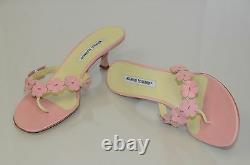 $845 New Manolo Blahnik Thong FLOWERS Pink Green Kitten Heels Sandals Shoes 37