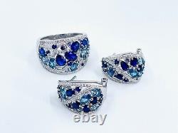 925 Sterling Silver Cluster Pink Blue Green Ring and Jewelry Set