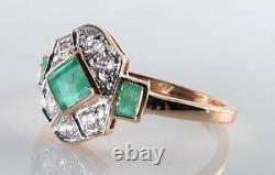 9k 9ct Rose Gold Colombian Emerald Diamond Art Deco Ins Bezel Set Ring Free Size